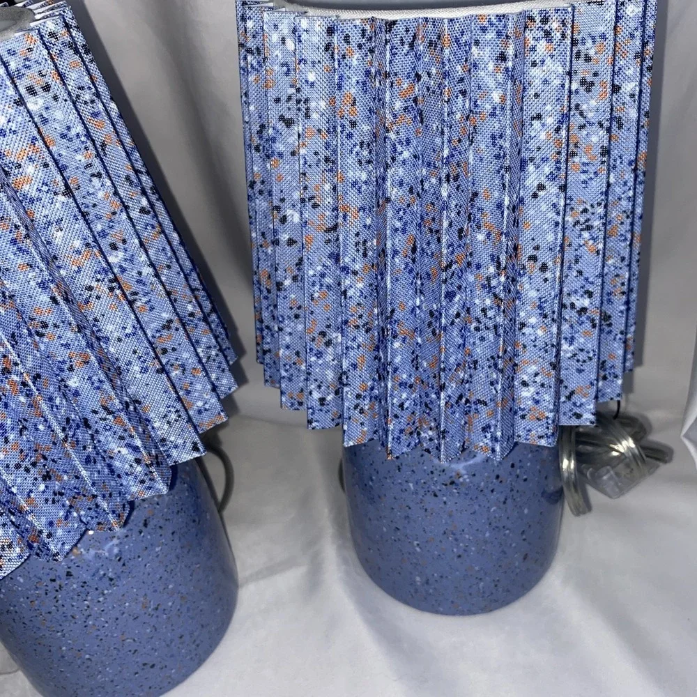 Set of 2 Mini Printed‎ Ceramic Base Table Lamps with Printed Pleated Shades NEW